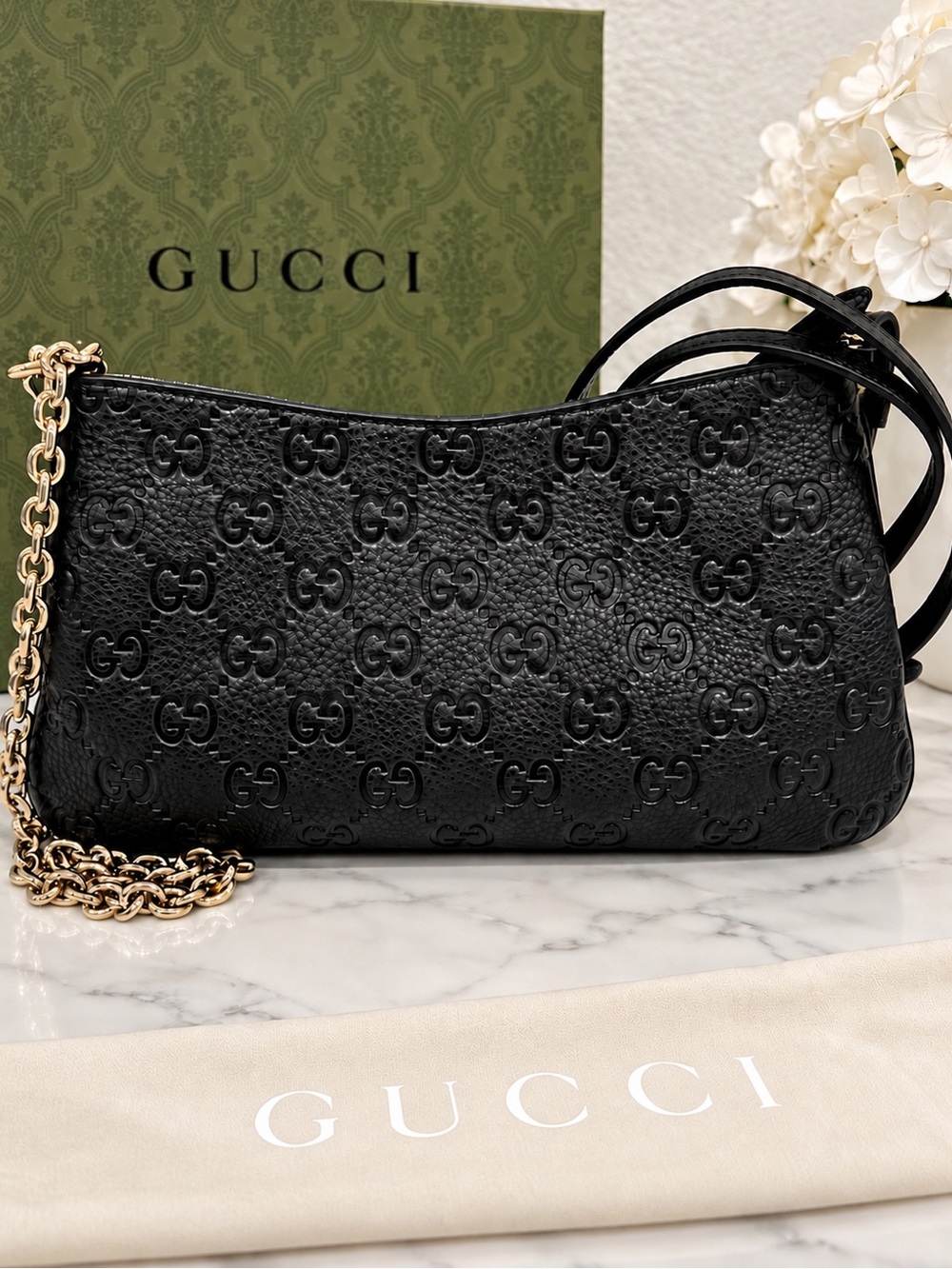 NEW IN BOX GUCCI SHOULDER BAG GG EMBLEM BRAINY CALF LEATHER BLACK